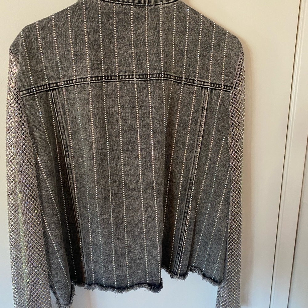 Origami Black Rhinestone Mesh Sleeve Denim Jacket - Picture 2 of 6